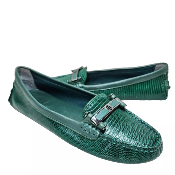 TORY BURCH Green Snakeskin Driving Mocs Loafers Sz 8.5 Leather Driver Flats - Picture 3 of 13